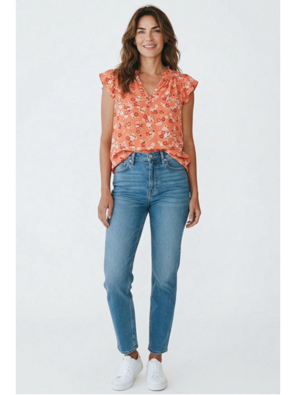 EUC Women's MELLODAY Orange Floral Blouse, Size L
